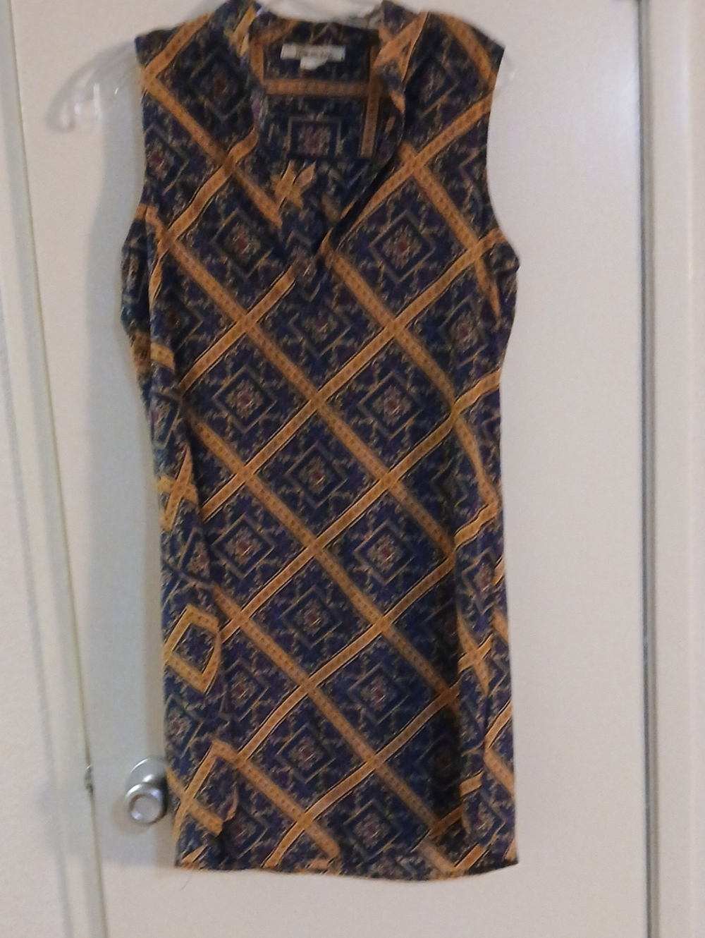 Sleeveless Navy and Mustard Geometric Shift Dress